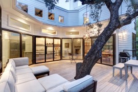 Pottery Barn sofa on a large deck