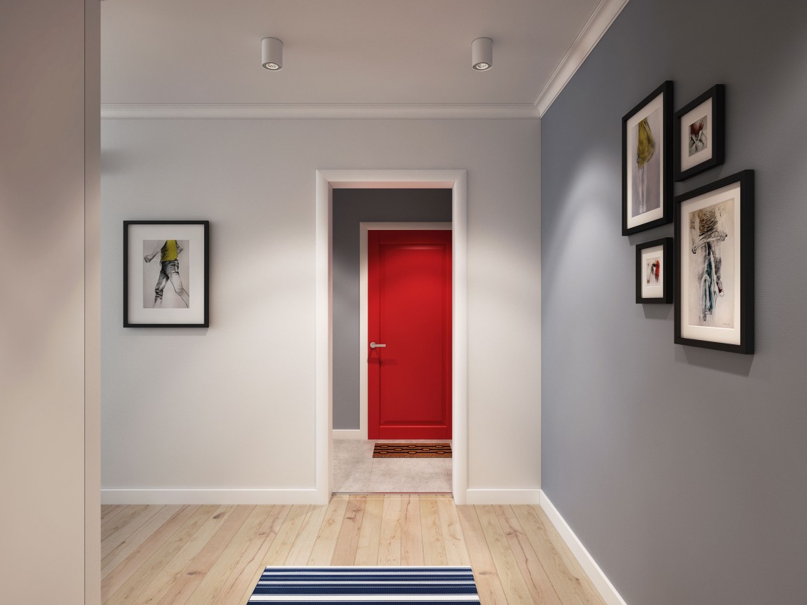 Red entrance door adds color to the sleek and relaxing Scandinavian interior