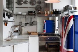 Refrigerator with painted Union Jack is the showstopper in this kitchen