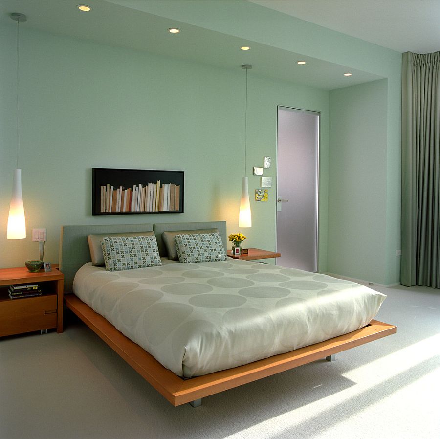 Sherwin Williams Slow Green shapes the lovely modern minimal bedroom - Right Home Style