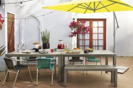 Slatted dining tables and bench from CB2