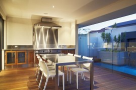 Stainless steel dining table in a modern kitchen