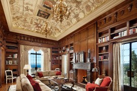 Stunning ceiling and classic European flavor set the mood in the home office