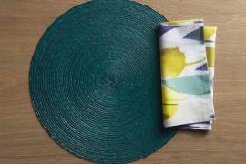 Teal placemat and linen napkin from Crate & Barrel