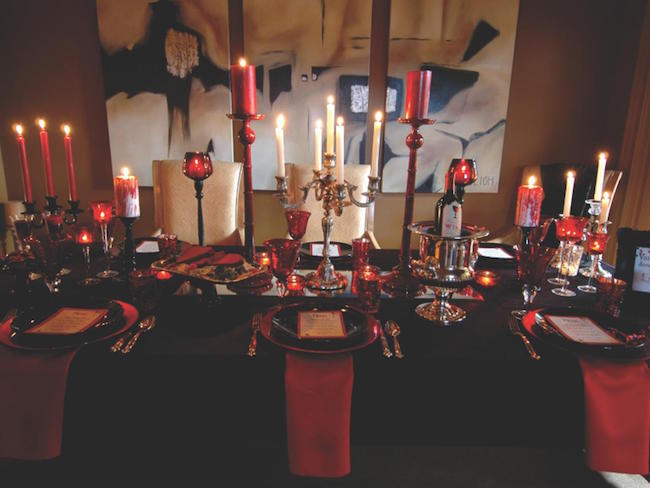 Vampire-themed black and red table setting