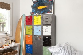 Vintage modern kids' room with colorful lockers