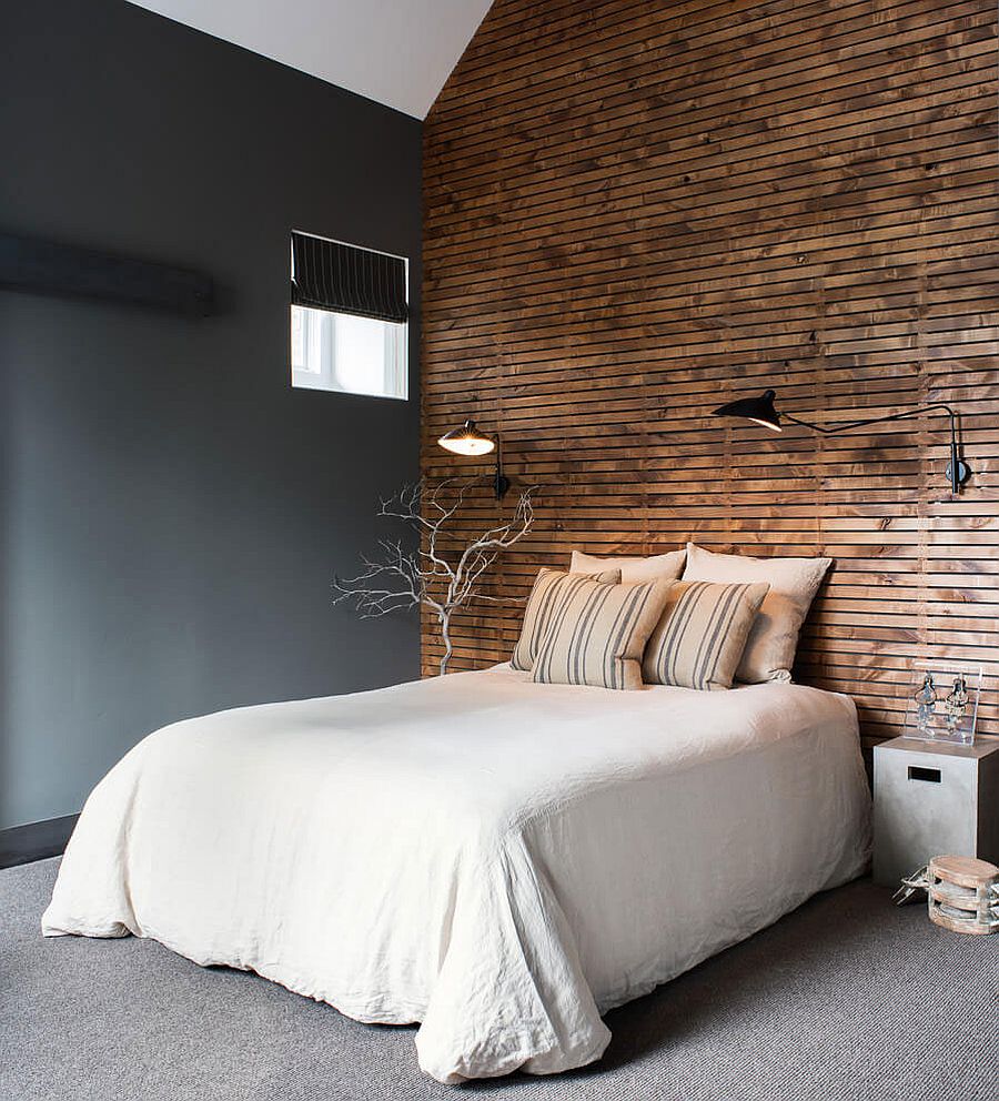 Wooden accent wall for the gray rustic bedroom