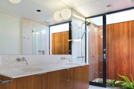 Wooden floating vanity in the bathroom