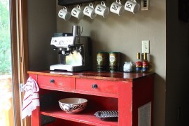 Beautiful red dresser:table used for coffee station
