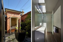 Bedroom with brick walls and contemporary bathroom