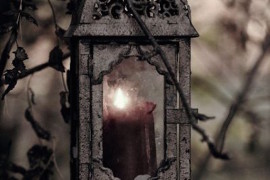 Black weathered lantern with candle hanging from tree