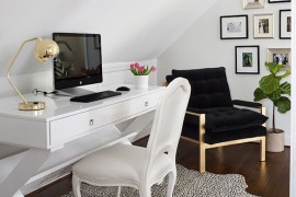 Bright and white attic office space with bold accents