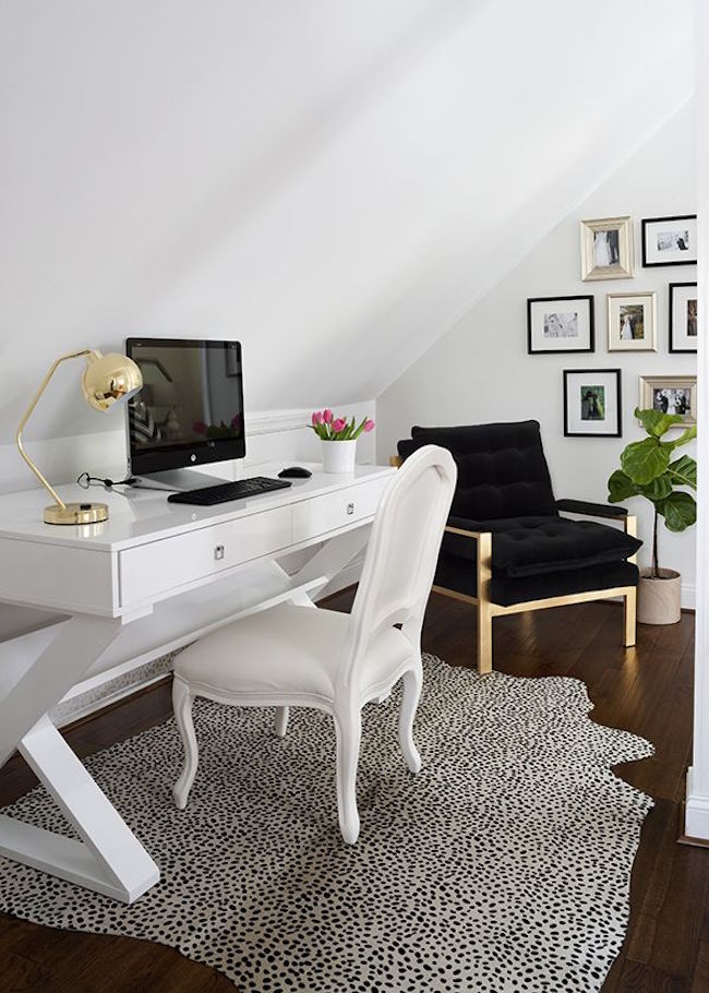 Bright and white attic office space with bold accents