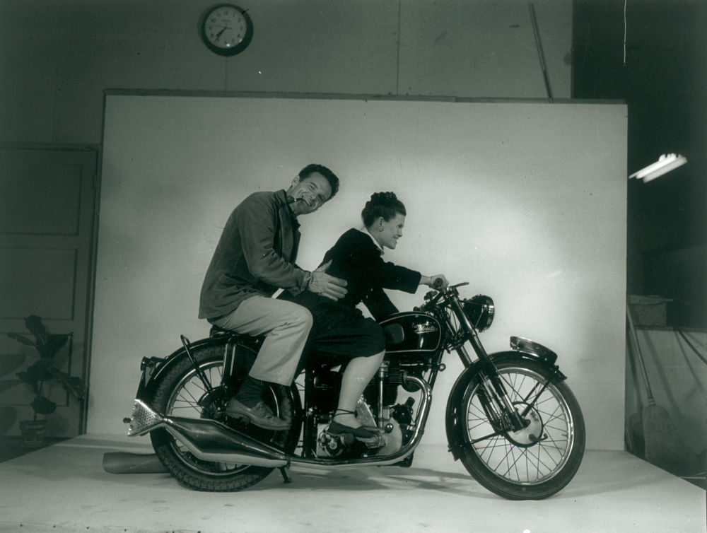 Charles Ray Eames riding a motorcycle in 1948 The Eclectic World of Charles and Ray Eames