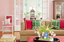 Chic living room walls draped in Bella Pink [Design: Andrea Brooks Interiors]