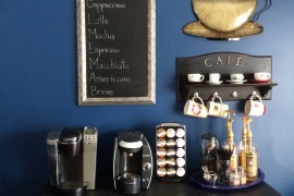 Coffee station with dark colors and chalkboard
