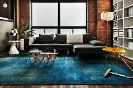 Contemporary living space with rug in copper blue and plush sofa in dark gray