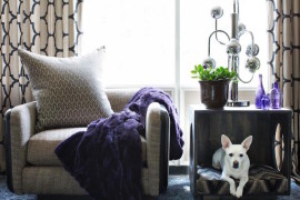 Crate/basket turned on one side for an easy table and dog bed