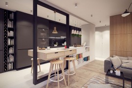 Dark gray kitchen shelves and wine storage area