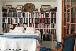 IKEA bookshelves used for wide headboard