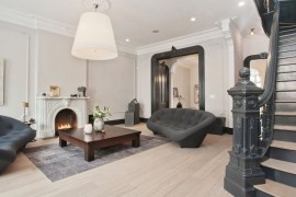 Interior anchored by grey on stairs and trim