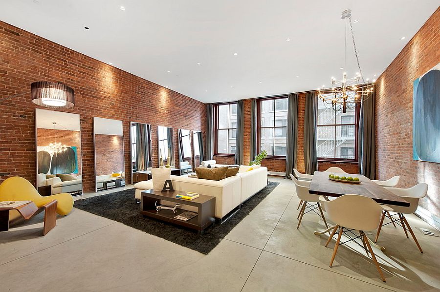 living room brick wall grey paint