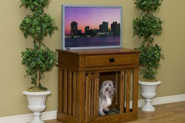Large wood table with big dog crate area built into it
