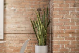 Modern decor sits in the living room with brick wall background
