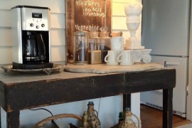 Rustic table and accessories used for a coffee station