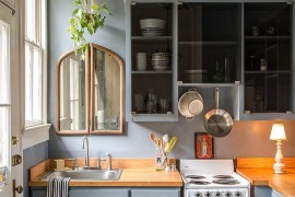 Shale makes a big visual impact in the small kitchen