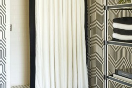 Shower curtain with a ceiling track system by Tobi Fairley