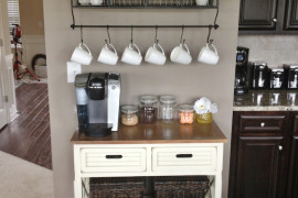 Small coffee station that fits perfectly along a section of the kitchen wall