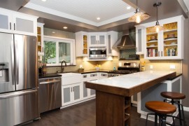 White recessed ceiling in a grey kitchen