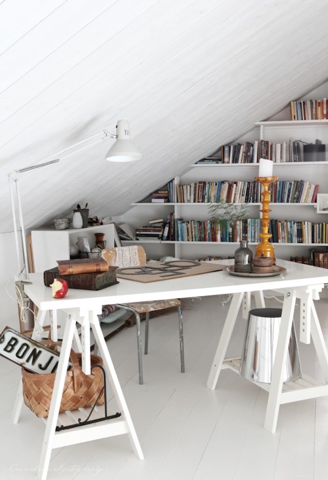 Work station with bookshelves along the wall behind it