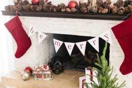 Be Merry traditional holiday banner in simple red and white