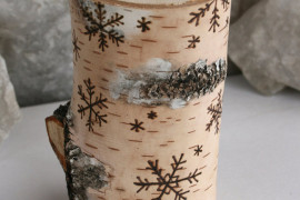 Birch wood candle holder with snowflake designs