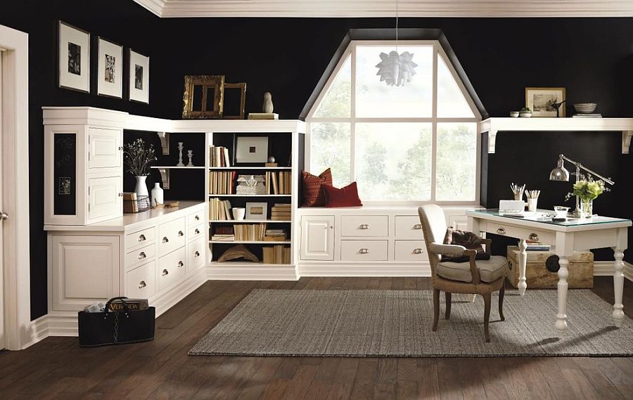 Black and white create the perfect contrast in the home office [From: MasterBrand Cabinets]