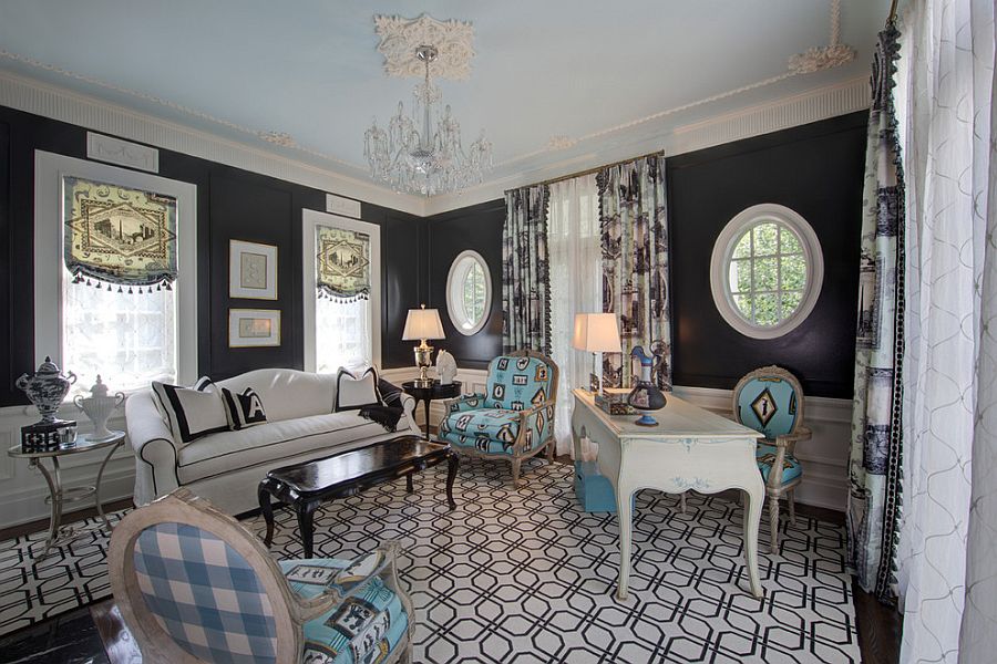 Cool blue chairs blend in with shades of gray in the room [Design: W Design Interiors]