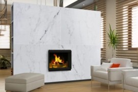 Cozy modern living room with a marble fireplace