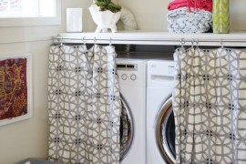 Curtain rod and curtain with a great pattern that hides unsightly laundry appliances