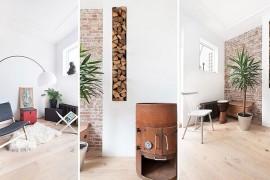 Decor, exposed brick walls and stacked firewood bring contrasting textures to the smart, revamped Dutch home
