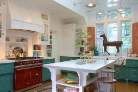 Do not shun away from colorful cabinets in the shabby chic kitchen [Design: Alison Kandler Interior Design]
