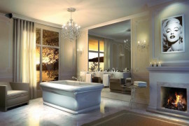 Drop-in freestanding tub with fireplace and old Hollywood theme
