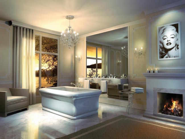 Drop-in freestanding tub with fireplace and old Hollywood theme