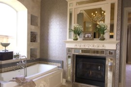 Elegant fireplace next to tub