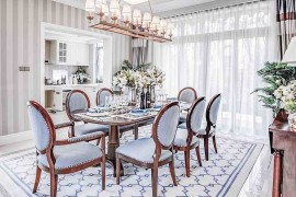 Fabulous wallpaper, drapes and rug in the dining room stitches together contrasting textures