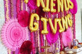 Friendsgiving party supplies in shades of pink