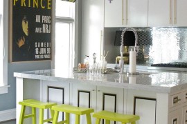 Lime green bar stools and small accents in a kitchen