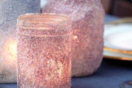 Mason jars rolled in glitter and epsom salts