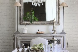 Monochromatic look works well in the shabby chic dining space
